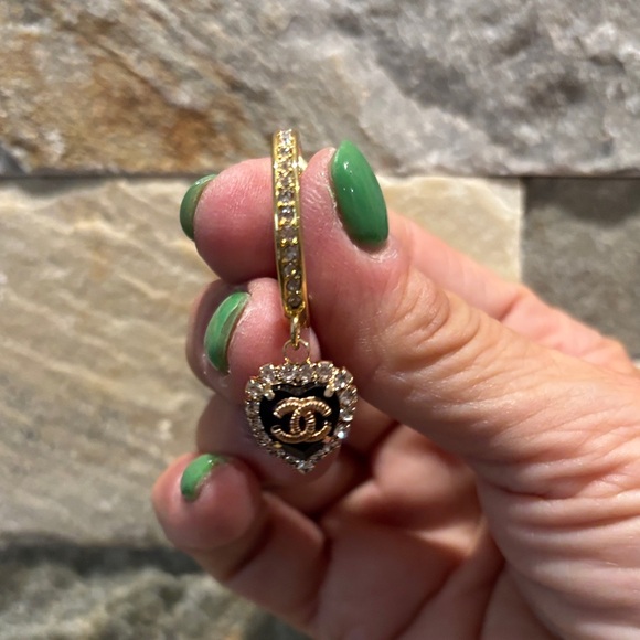 Gold-Tone Heart Drop Earrings with Black Enamel and Crystals - Picture 3 of 5